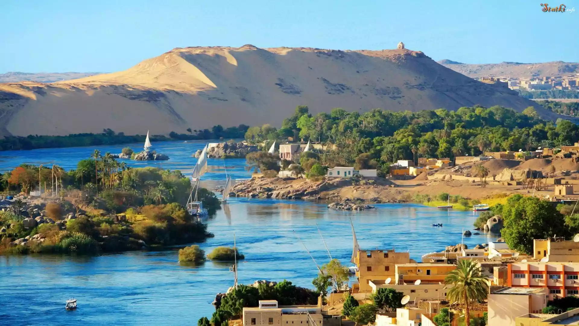 Egipt, Aswan, Domy, Rzeka, Pustynia, Łódki, Drzewa