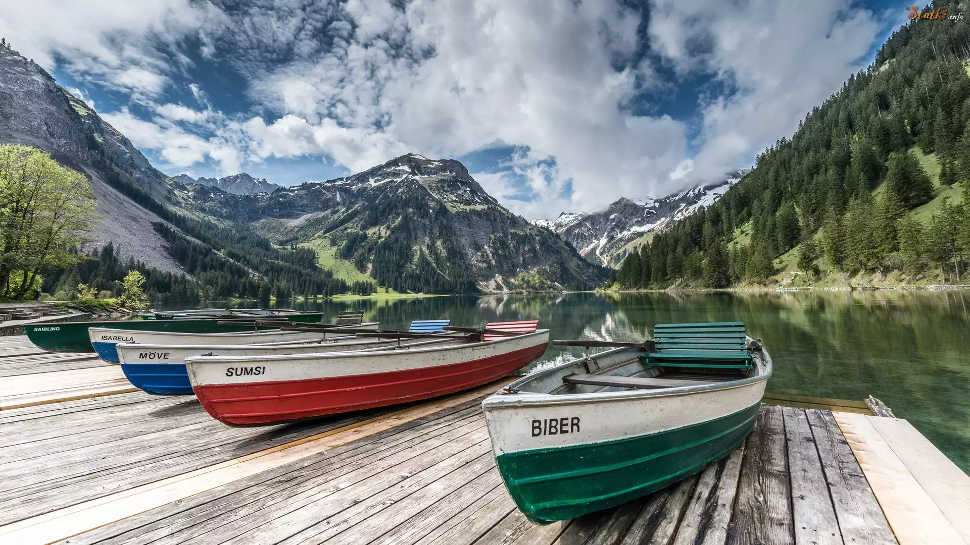 Austria, Tyrol, Góry, Jezioro, Łodzie, Pomost