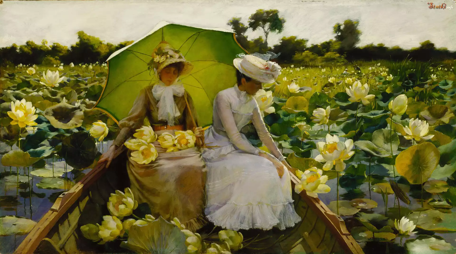 Obraz, Malarstwo, Charles Courtney Curran, Kobiety, Łódka, Woda, Kwiaty, Lotosy, Parasolka