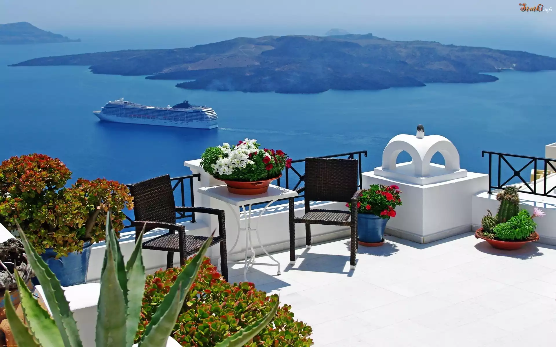 Dom, Taras, Morze, Santorini, Grecja, Prom