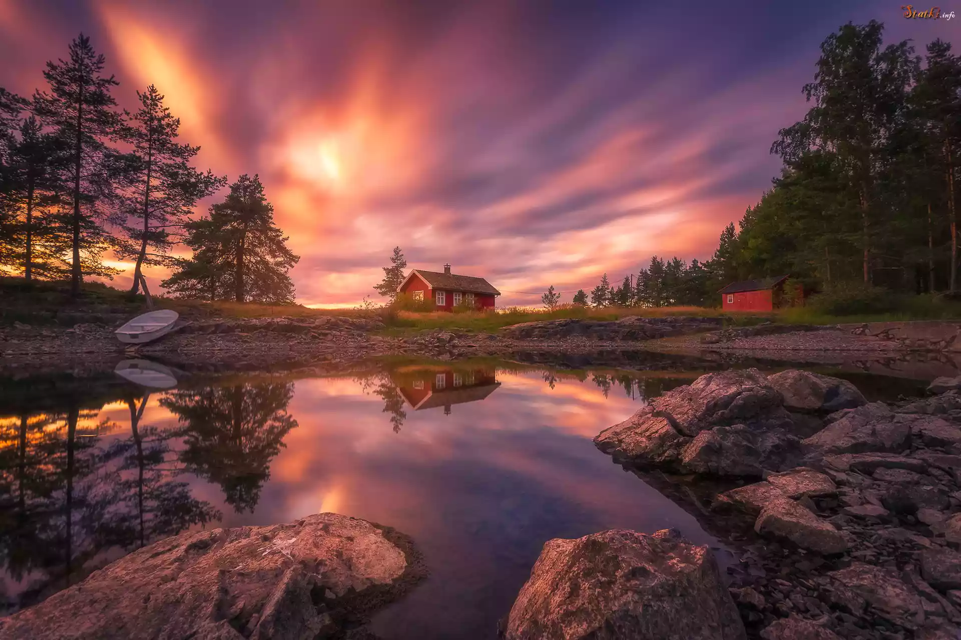Norwegia, Ringerike, Jezioro Vaeleren, Zachód słońca, Drzewa, Łódka, Dom