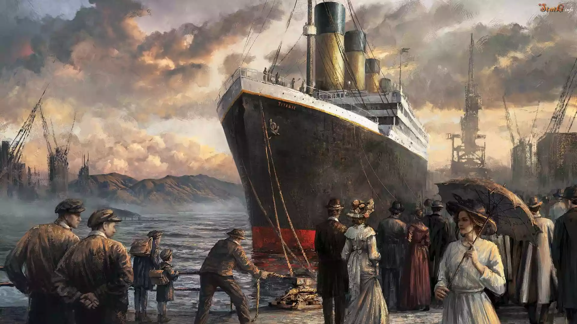 Grafika, Statek, Titanic, Ludzie, Port