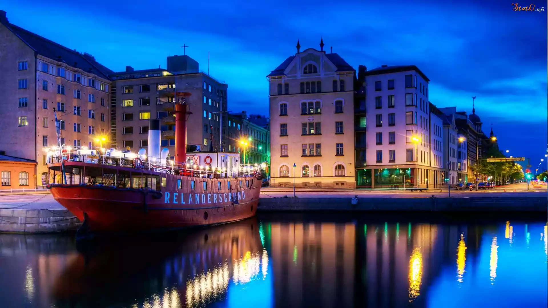 Helsinki, Nocą, Domy, Nabrzeże, Wycieczkowy, Statek