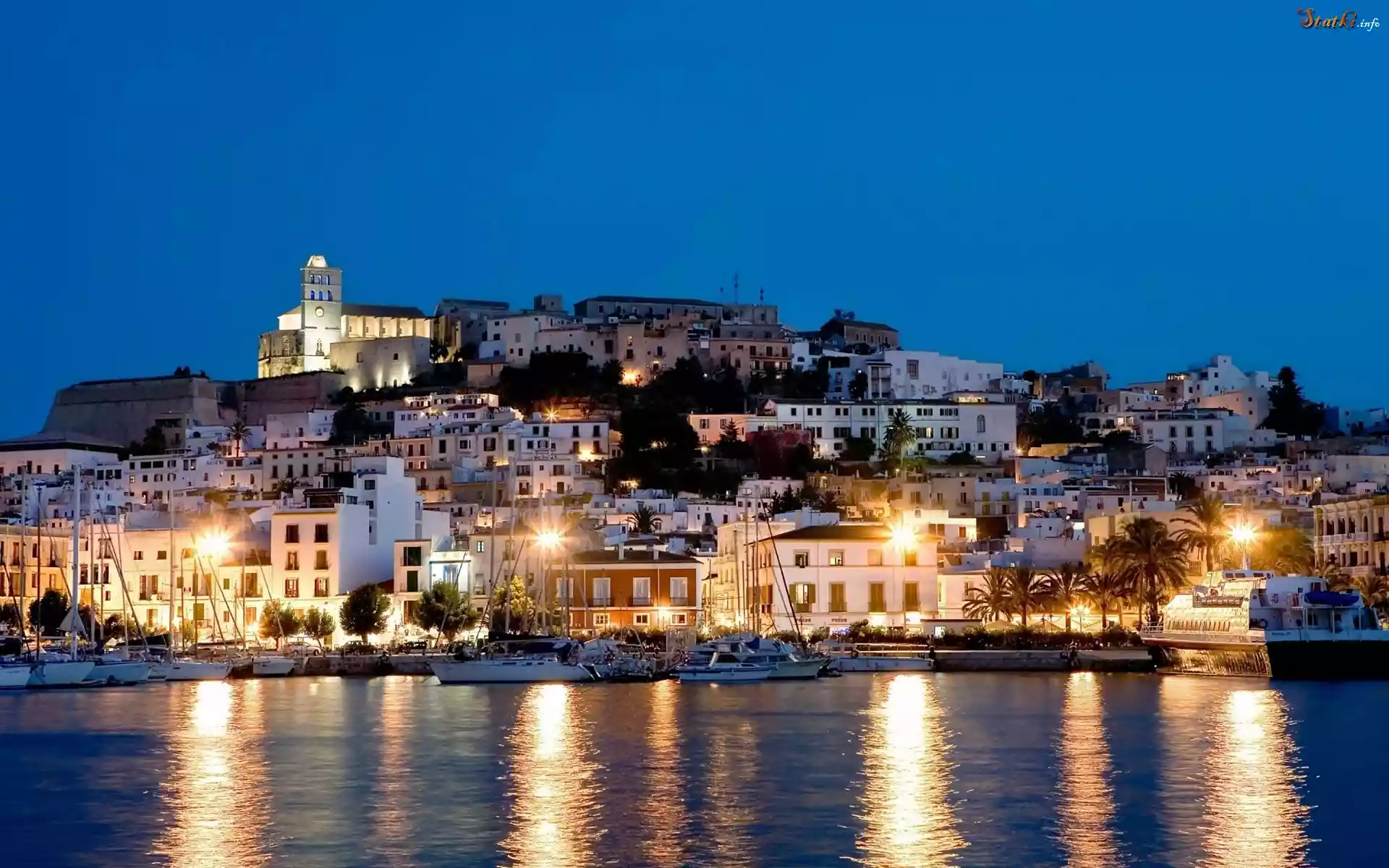Wyspa, Ibiza, Valencia, Nocą, Domy, Nabrzeże, Jachty