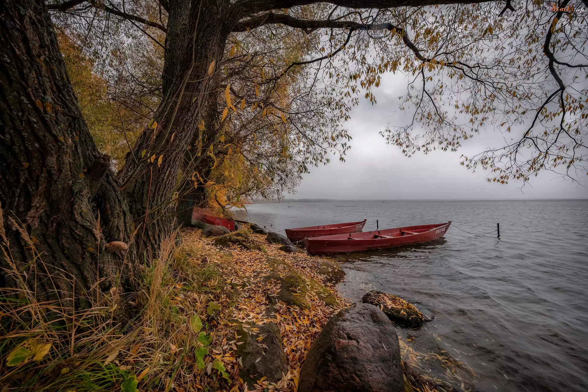 Jesień, Jezioro, Drzewa, Łódki