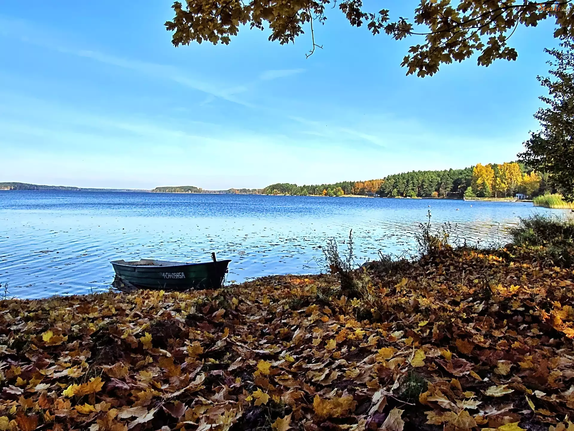 Jesień, Liście, Jezioro, Łódka, Niebo, Klon