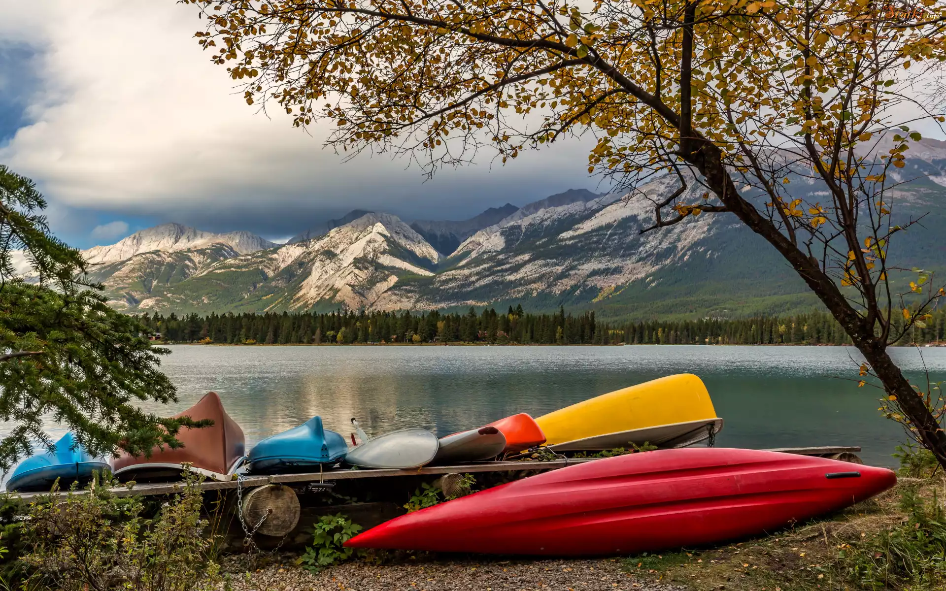 Jezioro, Edith Lake, Kolorowe, Kajaki, Drzewa, Góry, Park Narodowy Jasper, Alberta, Kanada