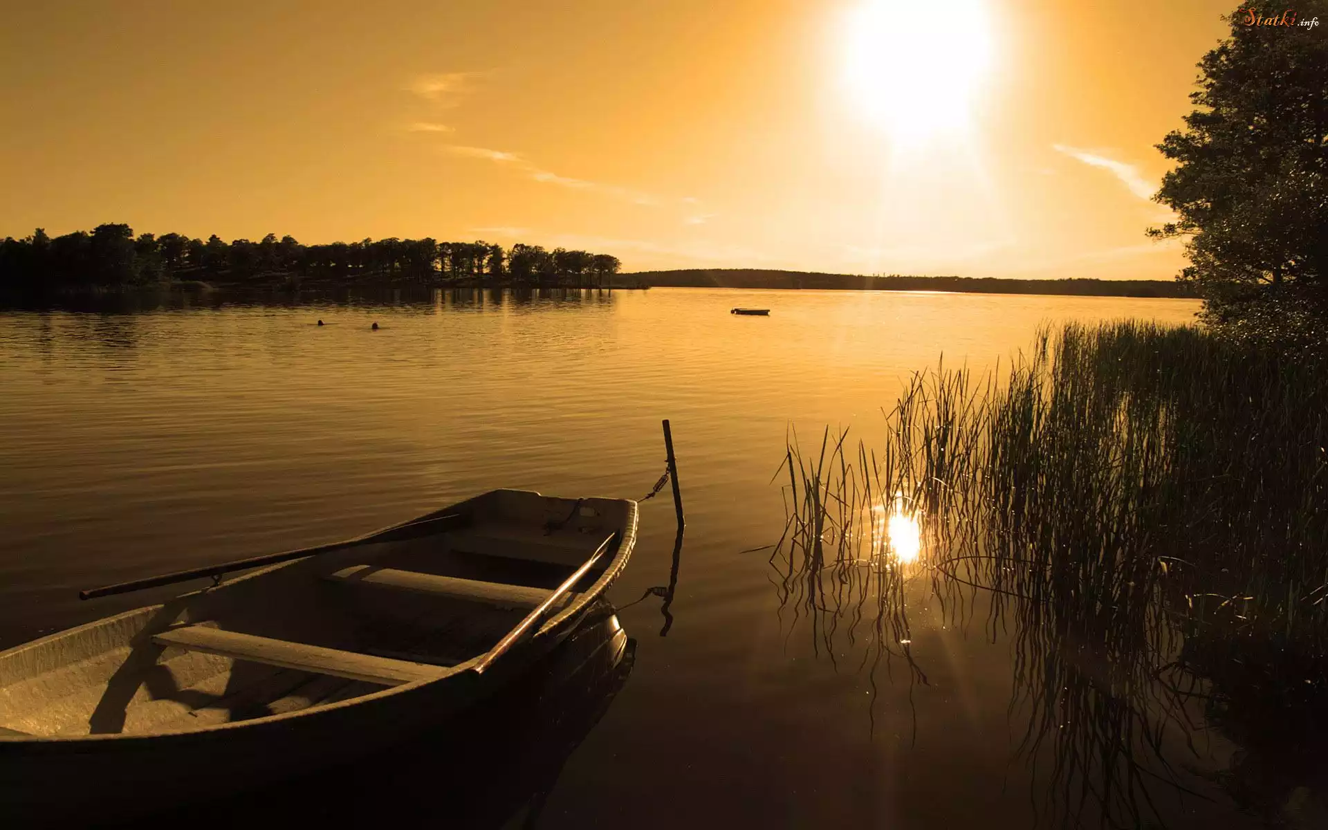 Jezioro, Zarośla, Słoneczko, Łódka