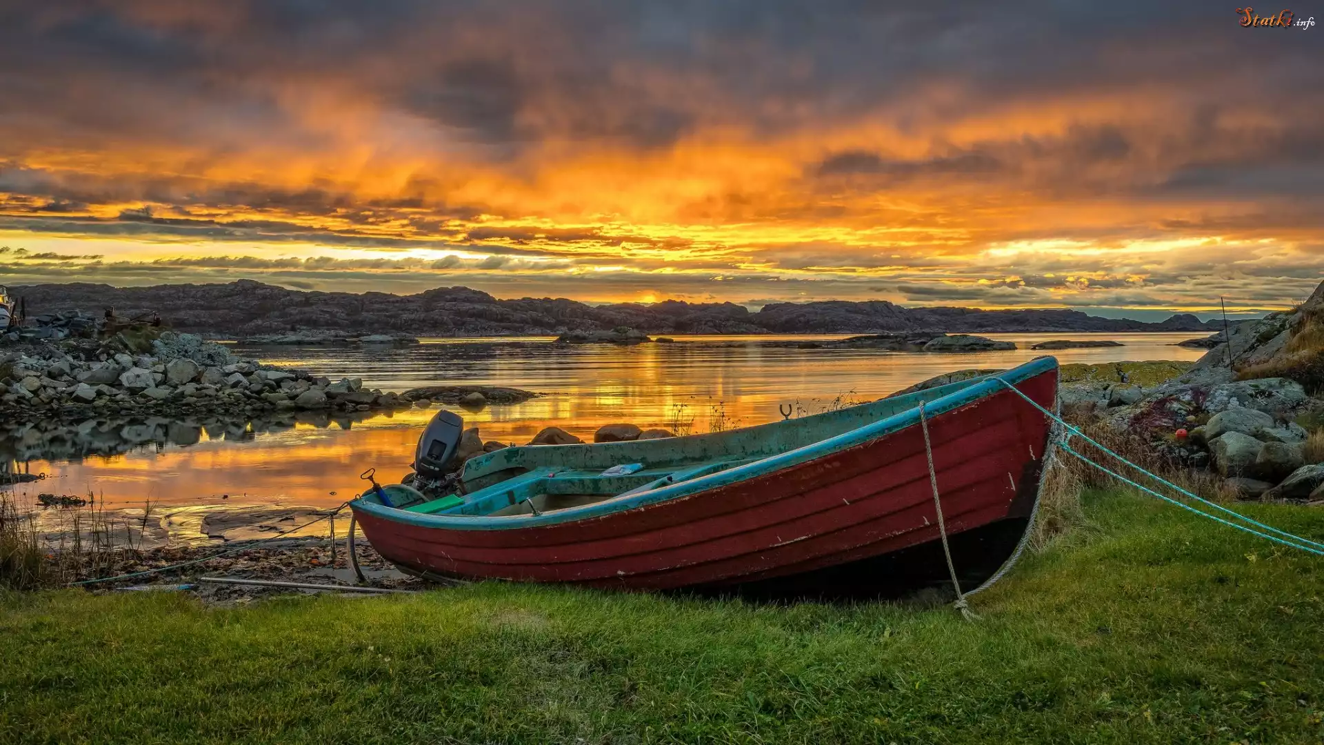 Norwegia, Okręg Rogaland, Zachód słońca, Morze Północne, Łódka, Kamienie