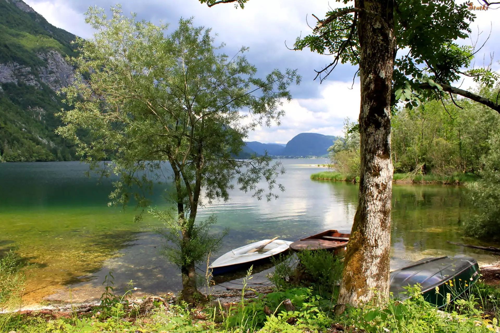 Park, Narodowy, Triglav, Góry, Jezioro, Bohinj, Łódki, Drzewa
