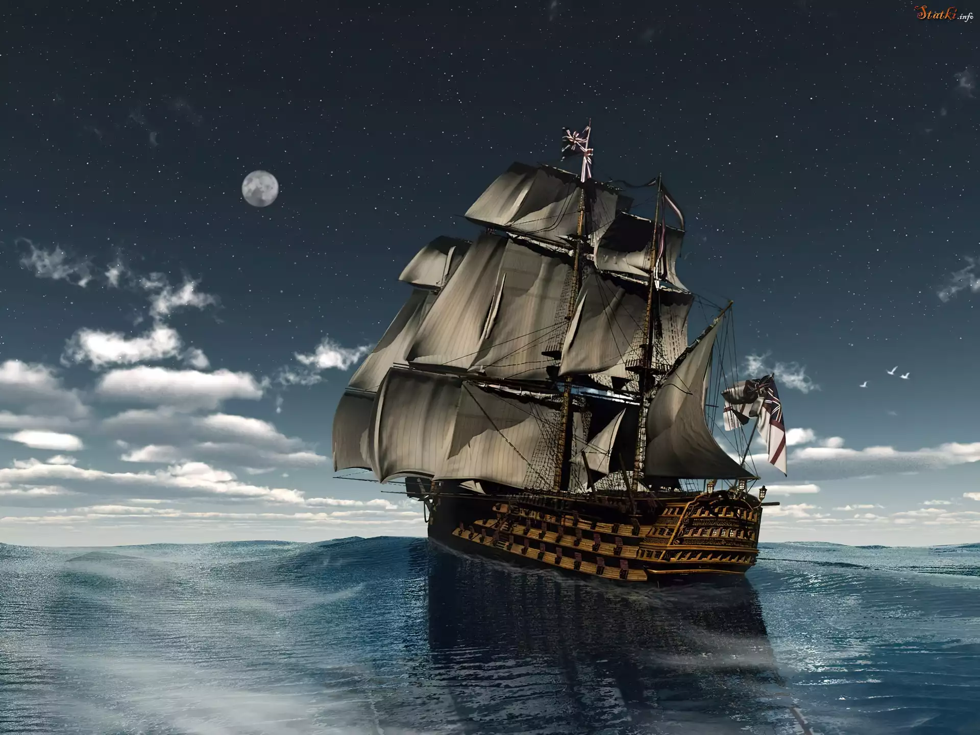 Żaglowiec, HMS Victory, Morze, Noc, Księżyc