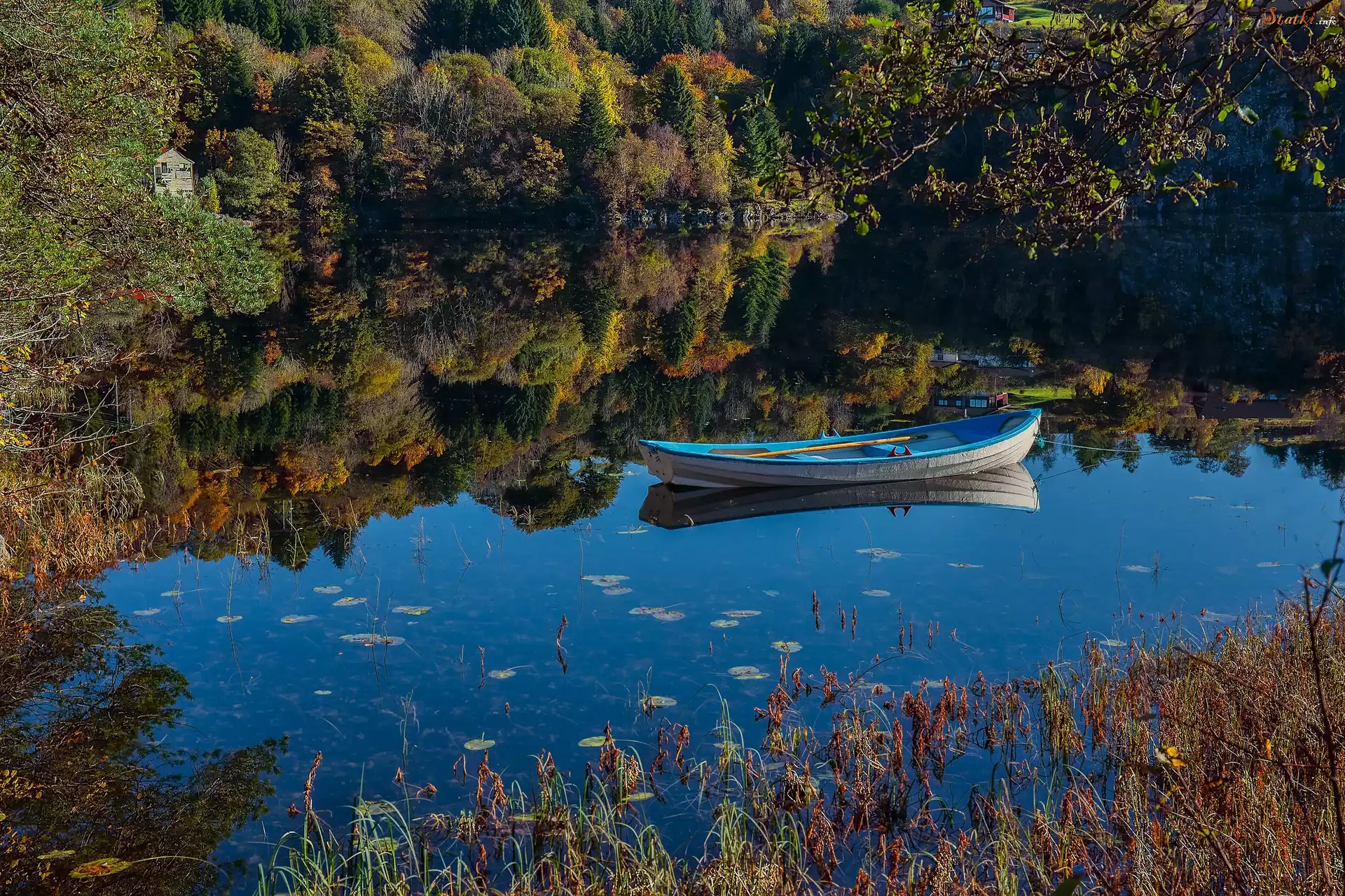Norwegia, Jezioro, Łódka, Las, Odbicie