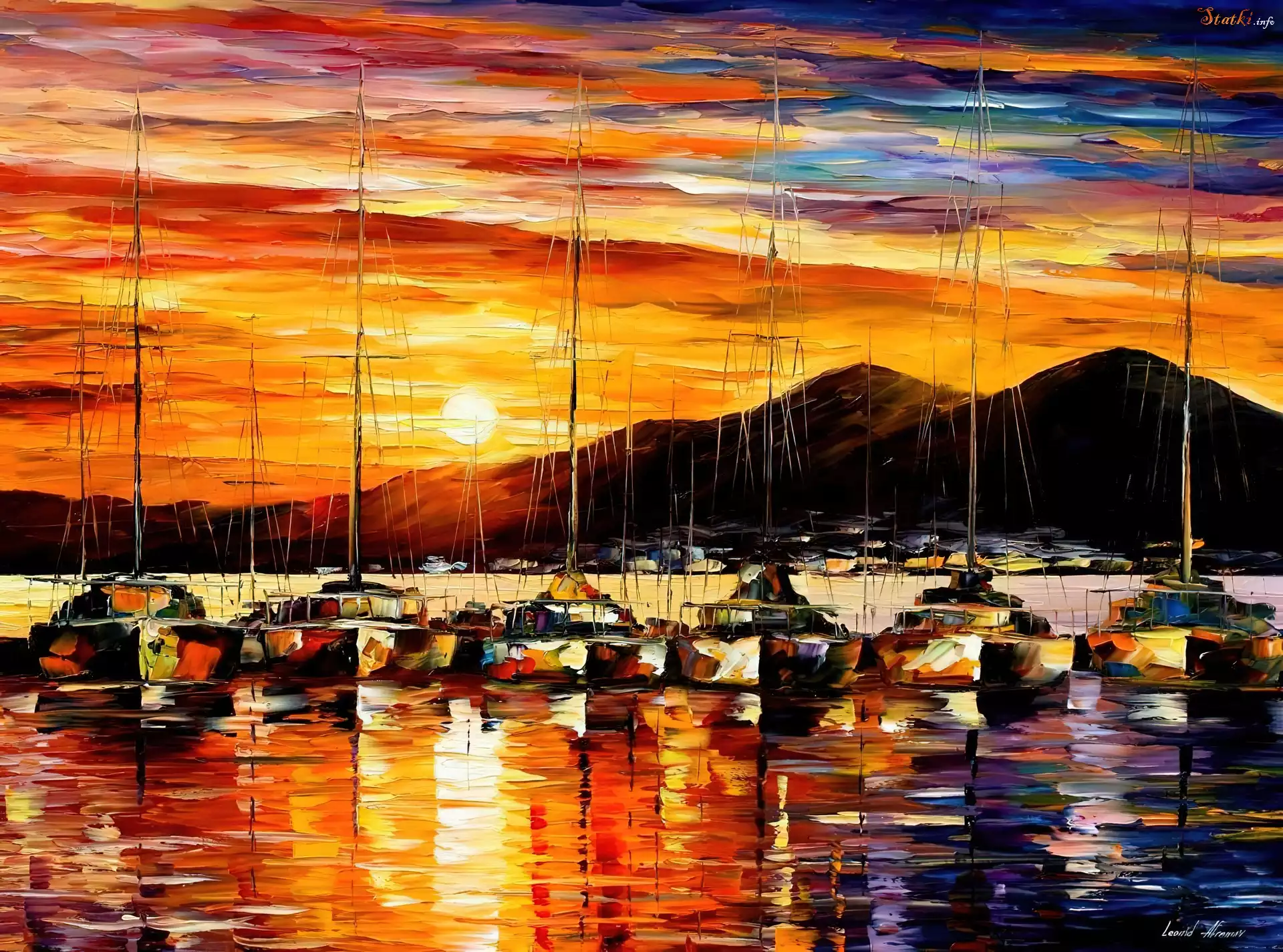 Reprodukcja obrazu, Leonid Afremov, Żaglówki, Góry, Zachód słońca