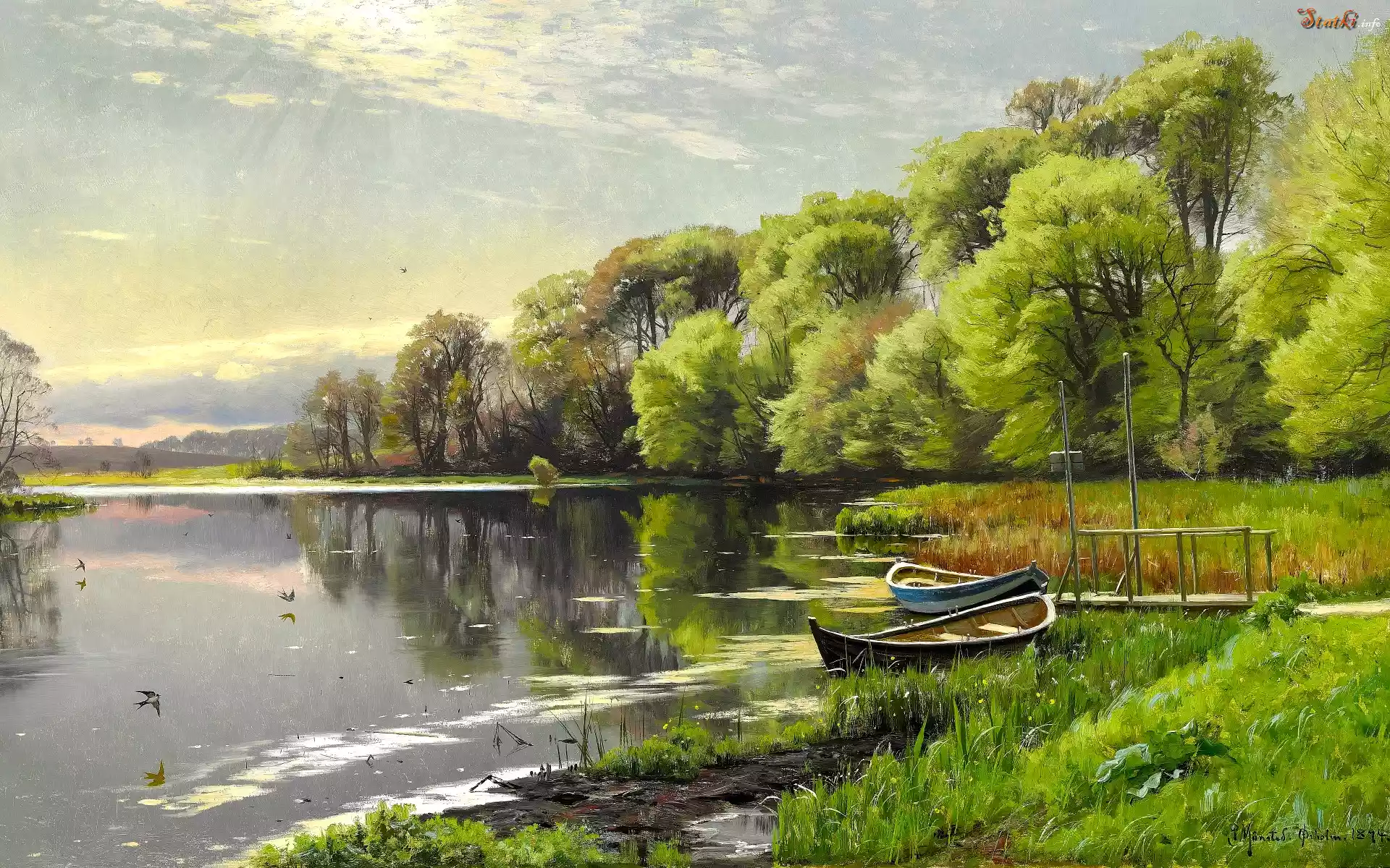 Obraz, Malarstwo, Peder Mork Monsted, Rzeka, Zarośla, Szuwary, Drzewa, Łódki, Pomost