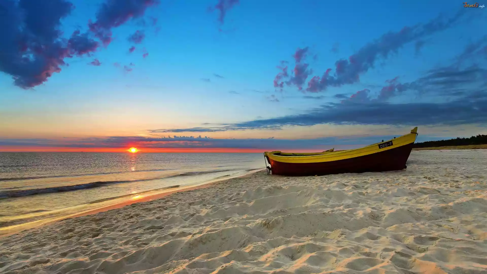 Plaża, Morze, Zachód, Słońca, Łajba