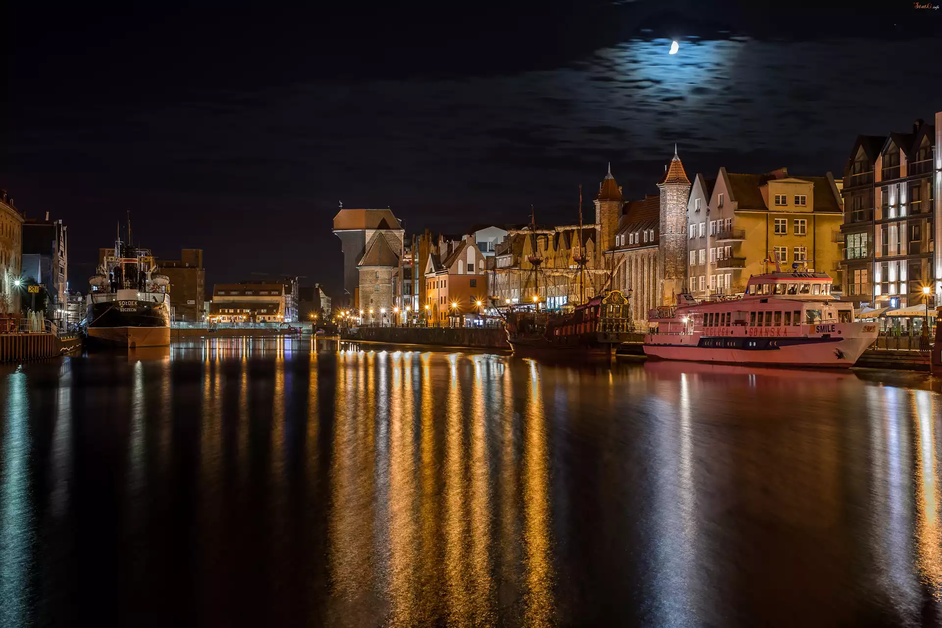 Polska, Gdańsk, Miasto nocą, Rzeka, Statki