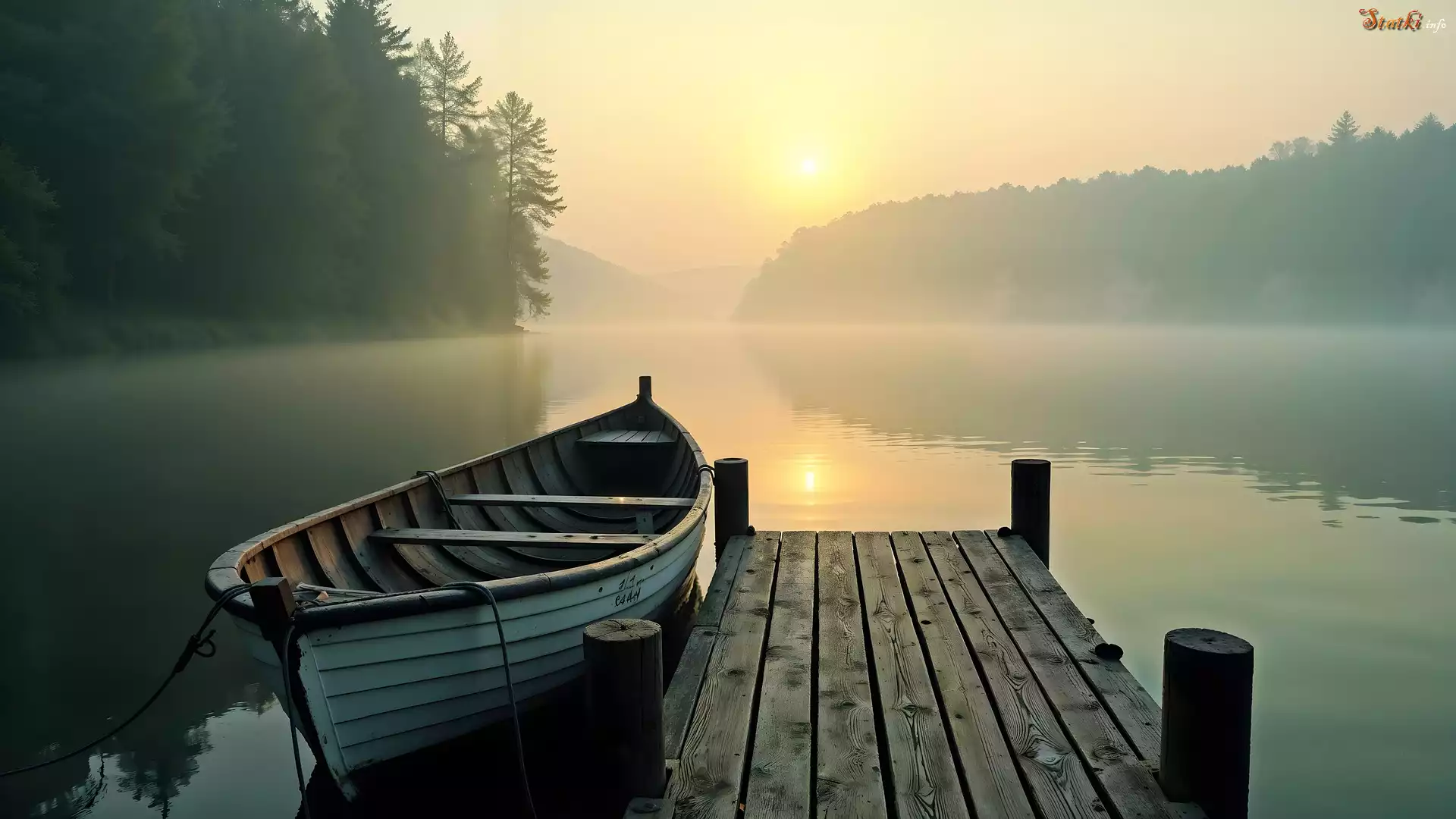 Jezioro, Pomost, Łódka, Mgła, Poranek