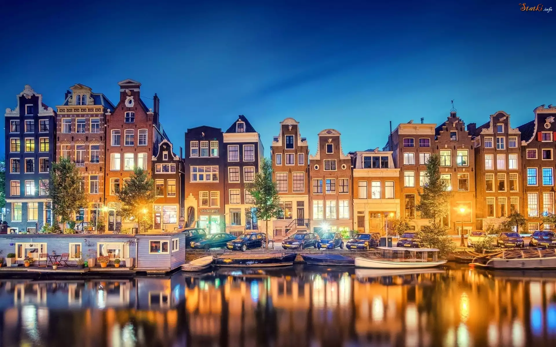 Rzeka, Łodzie, Domy, Latarnie, Amsterdam, Holandia