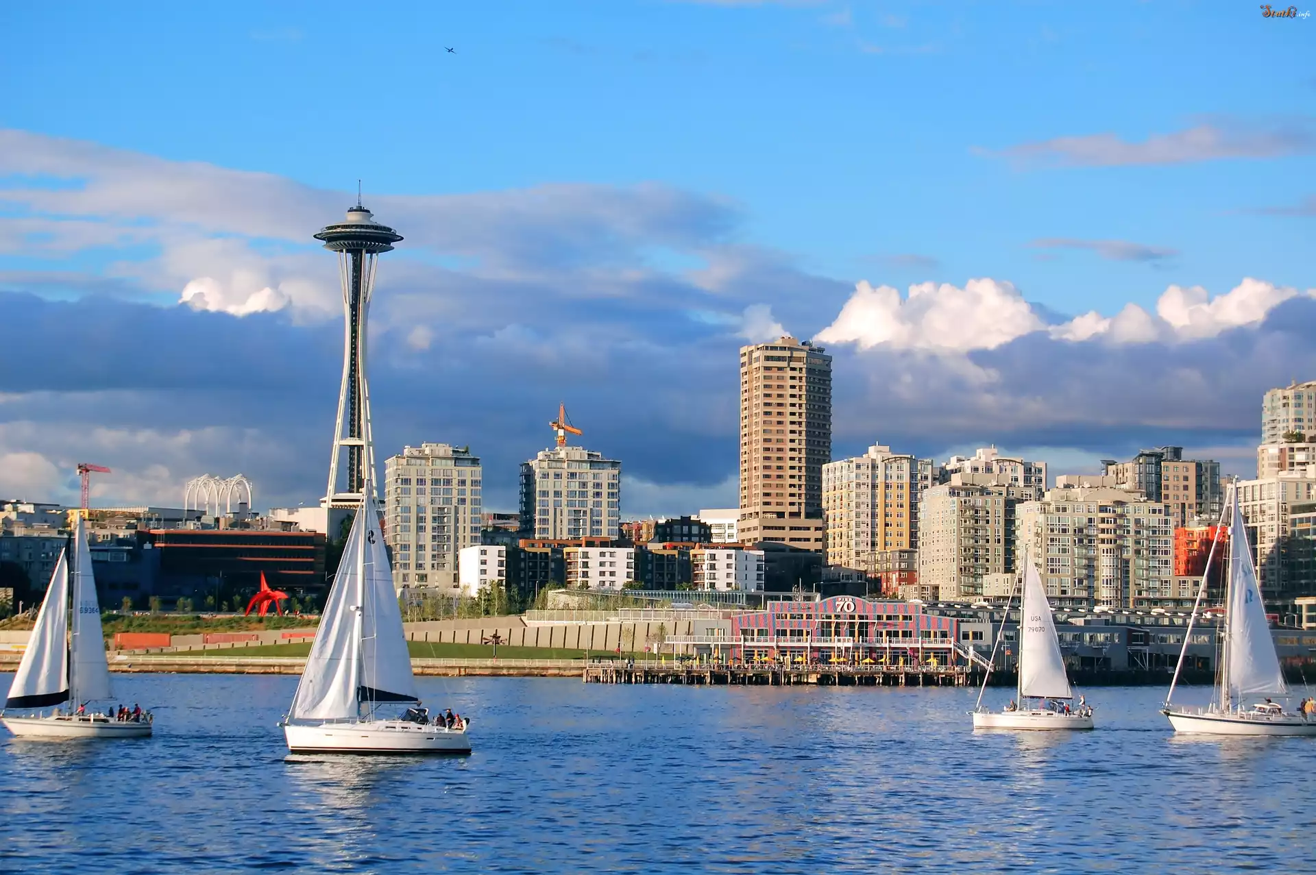 Stany Zjednoczone, Seattle, Wieża, Space Needle, Domy, Żaglówki