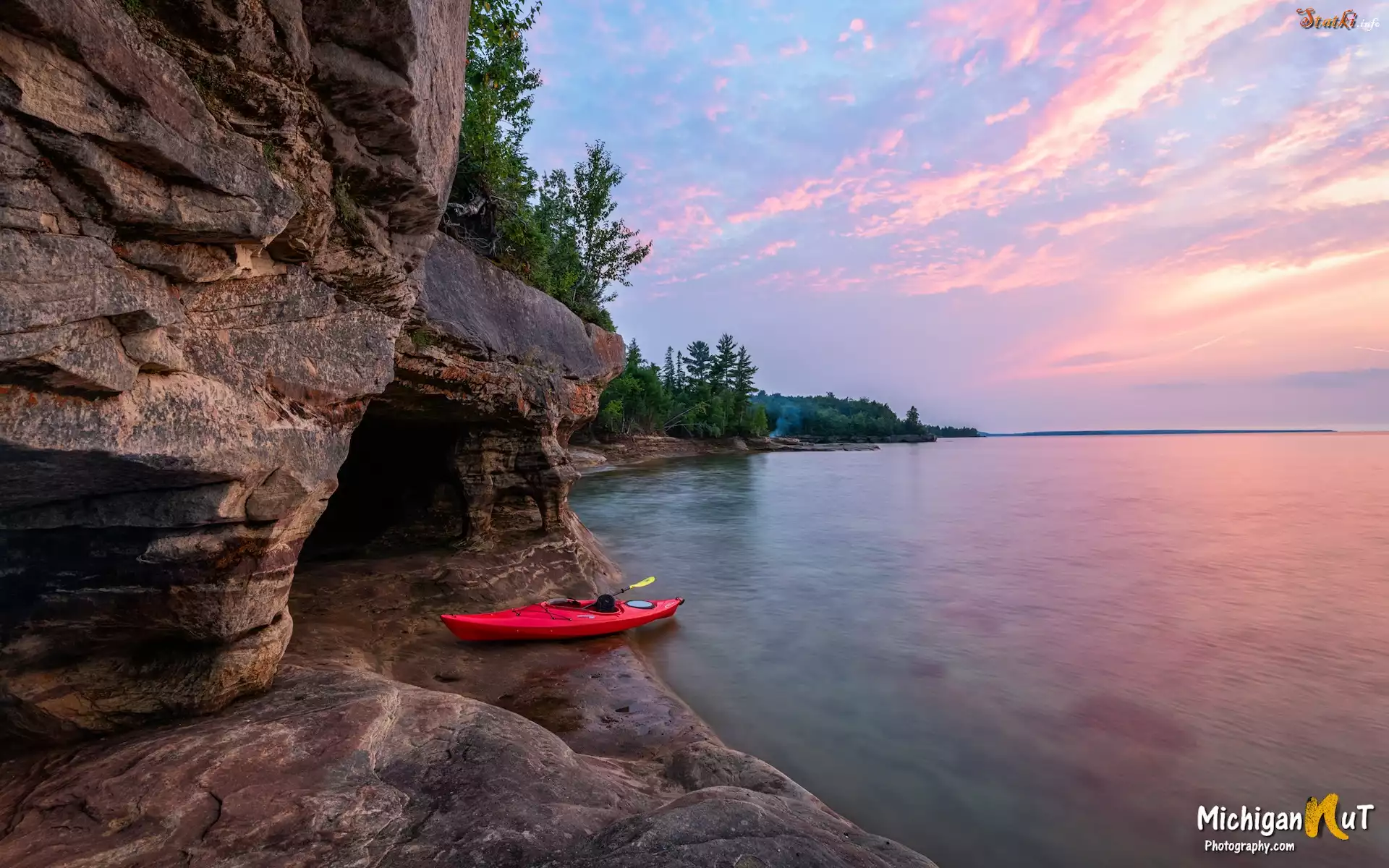 Stany Zjednoczone, Michigan, Jezioro, Superior Lake, Skały, Kajak, Drzewa