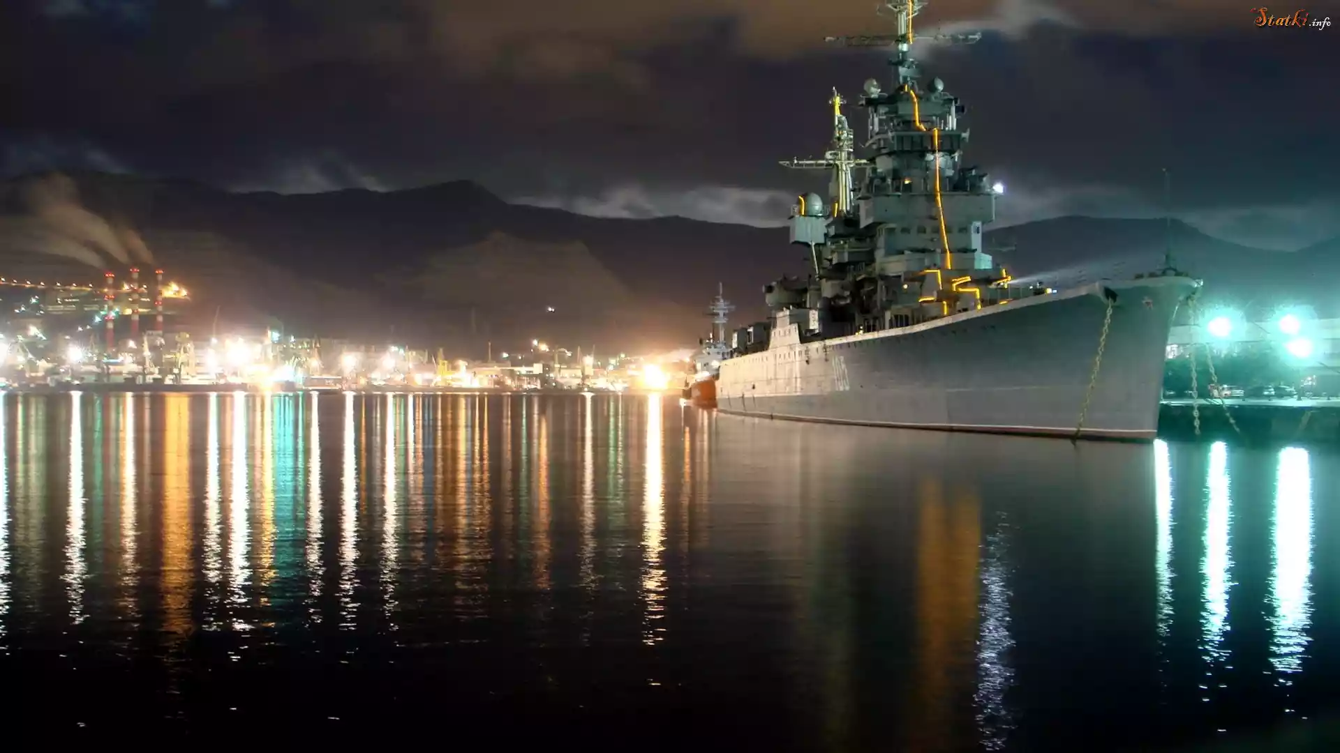 Statek, Wojskowy, Port, Noc, Odbicie