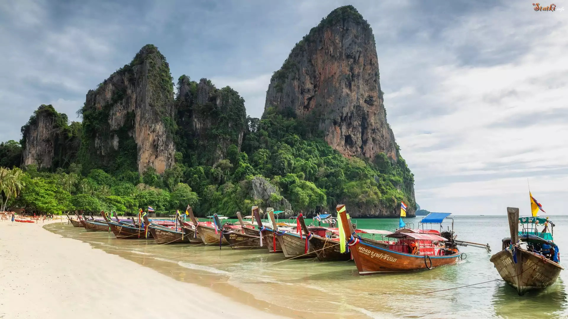 Morze, Plaża, Railay Beach, Skała, Łodzie, Drzewa, Tajlandia