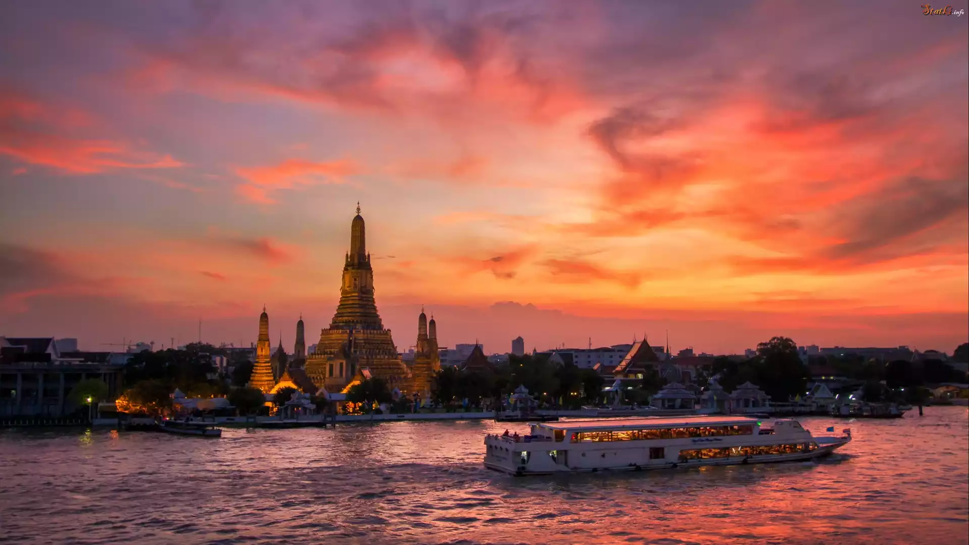 Świątynia, Wat Arun, Statek, Zachód, Słońca, Bankok, Tajlandia