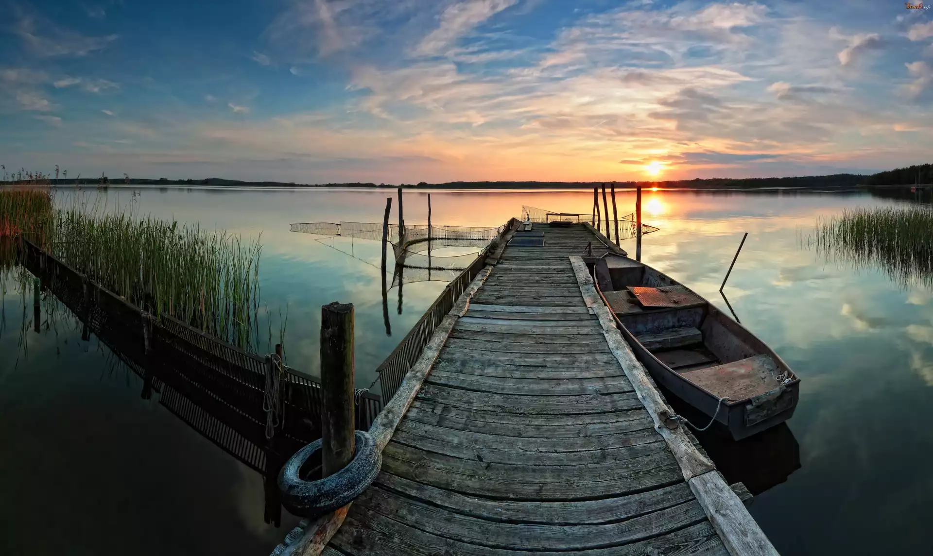 Zachód, Słońca, Jezioro, Łódka, Pomost